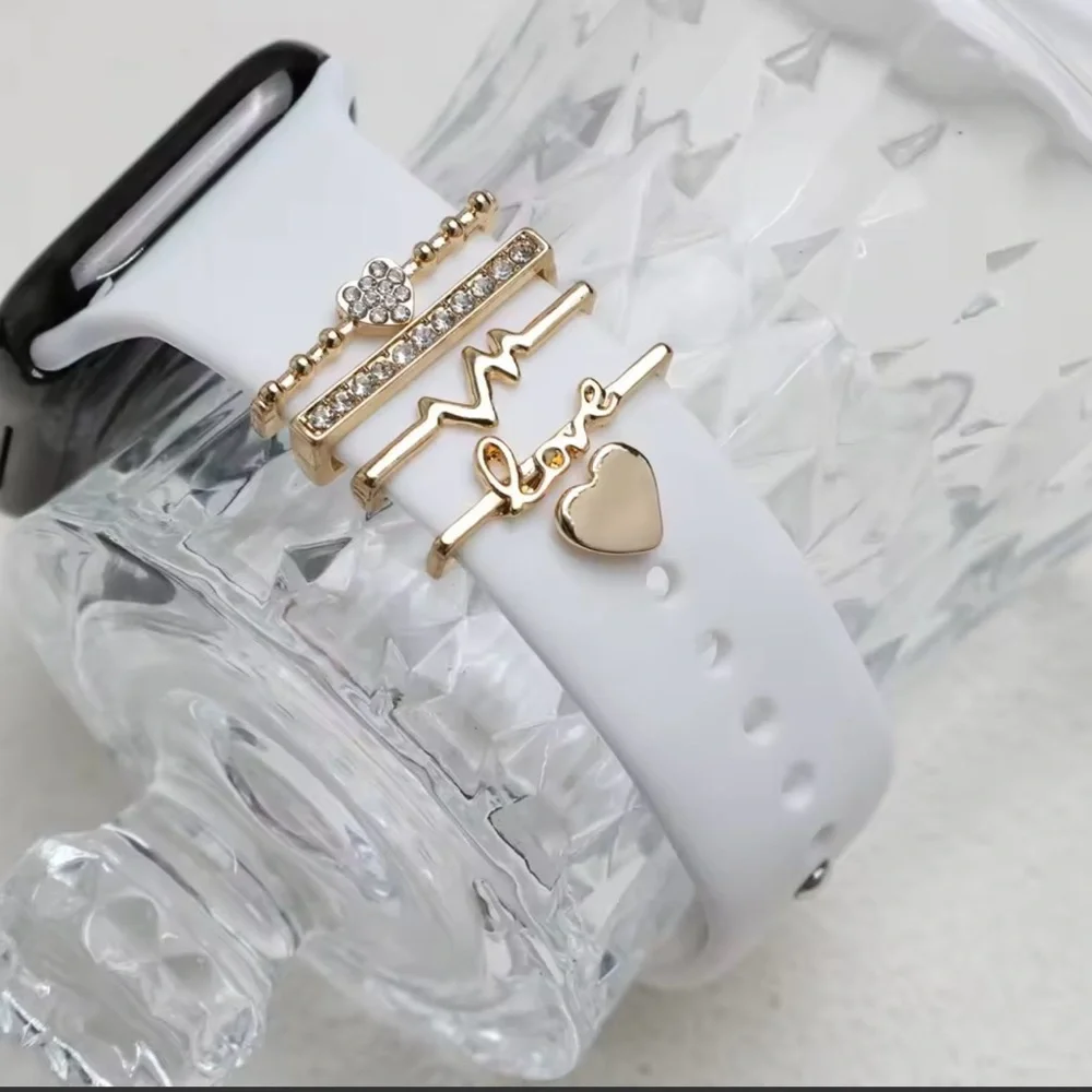 NWT-Silver Heart & Crystal Charm Set for Black Smartwatch Band